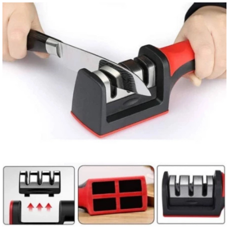 Afiador Amolador de Facas em Aço Inox com 3 Afiadores Base Emborrachada Linha Profissional